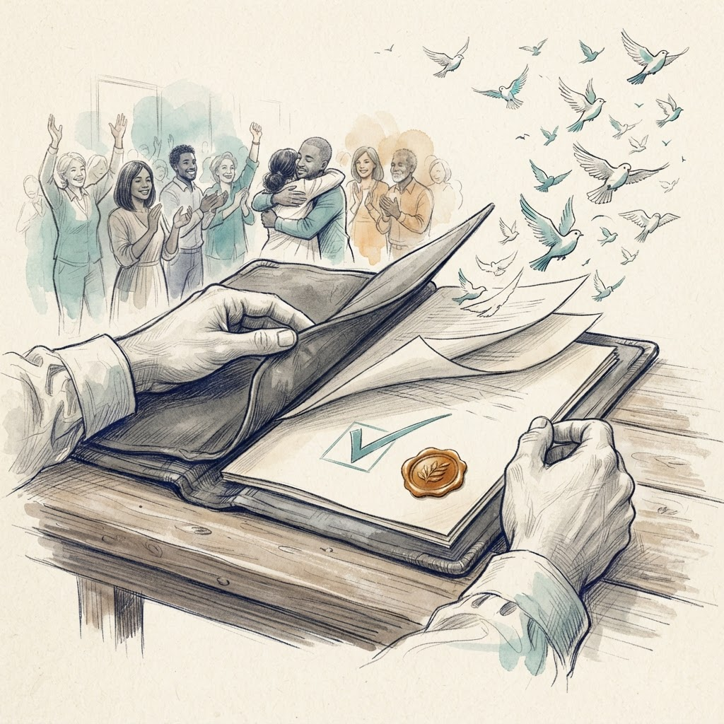 Watercolor-and-ink sketch celebrating an approved immigration petition