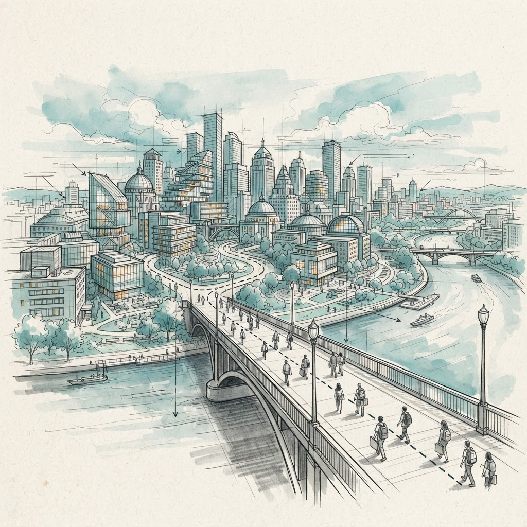 Watercolor-and-ink sketch of an American city skyline and the journey ahead