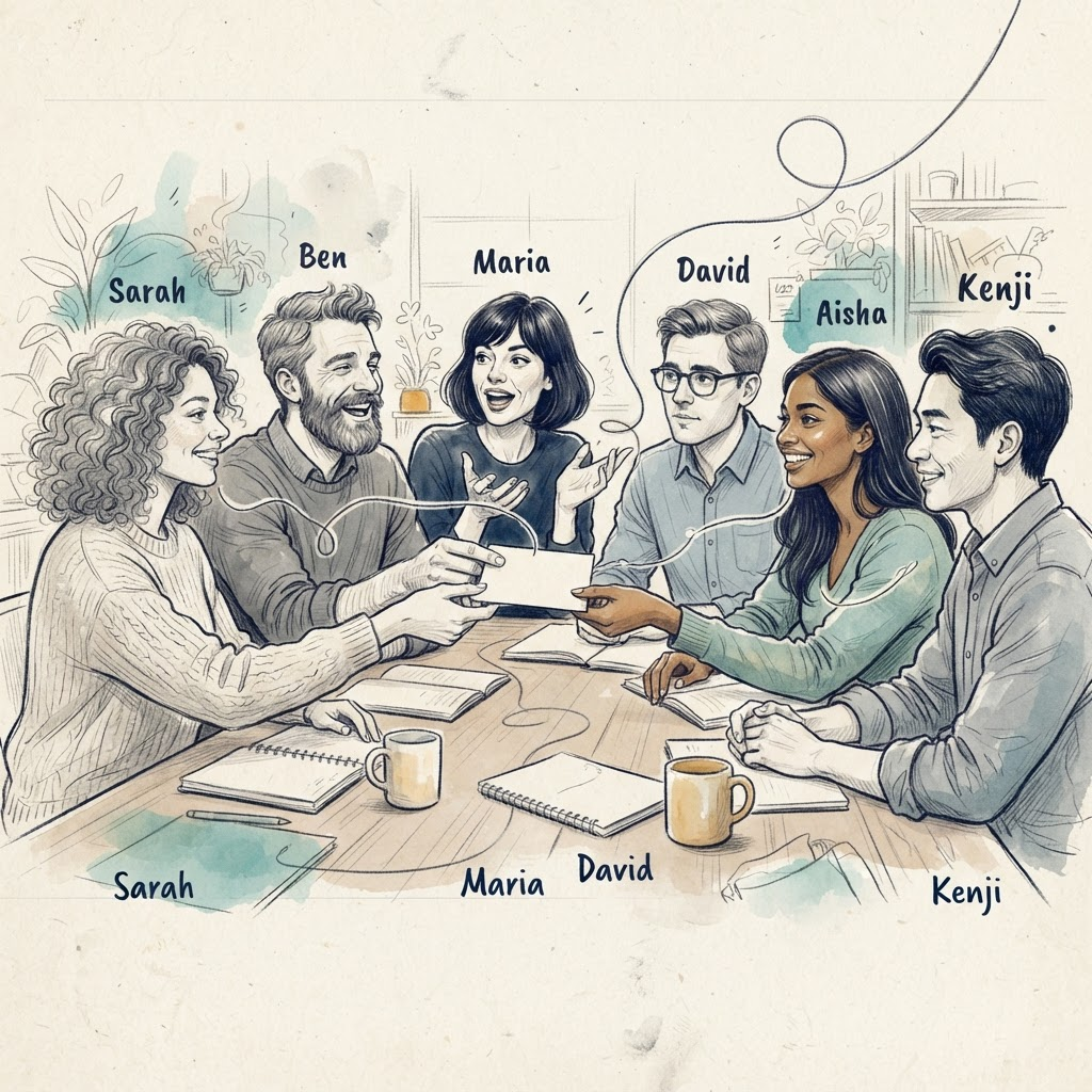Watercolor-and-ink sketch of friends and colleagues helping one another move forward